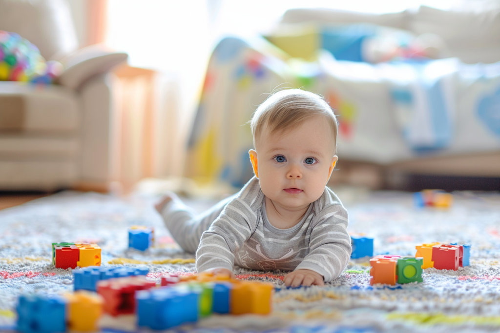 sarı saçlı bir bebek halı üzerinde yüz üstü duruyor ve karşıya bakıyor, önünde orta büyüklükte lego parçaları var